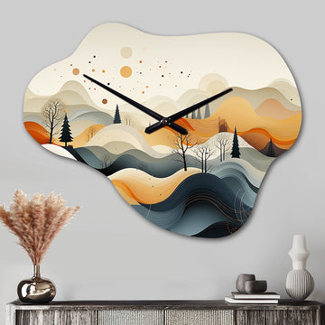 Teal Orange Line Art Landscape - Asymmetric Metal Wall Clock